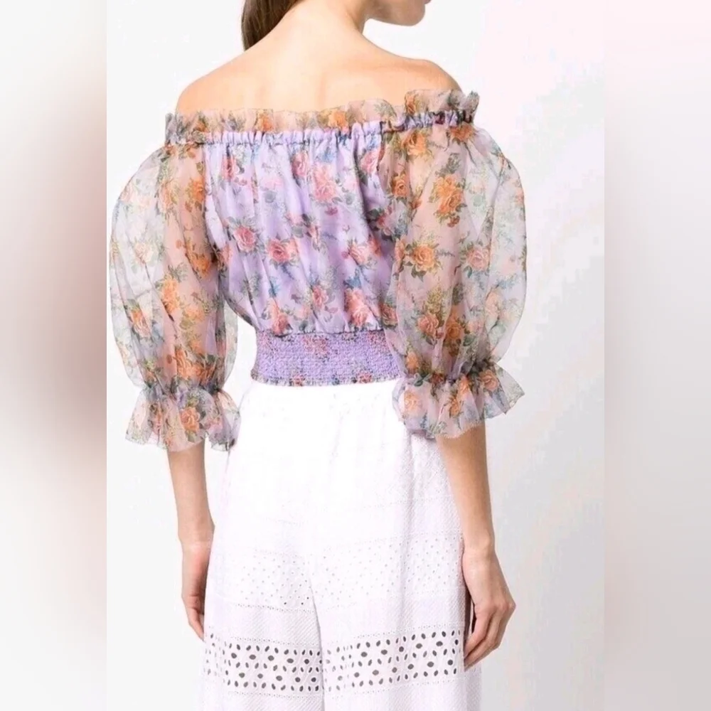 ALICE + OLIVIA Caprina Silk Puff Sleeve Off Shoulder Crop Top Size Small NWOT - Picture 11 of 15
